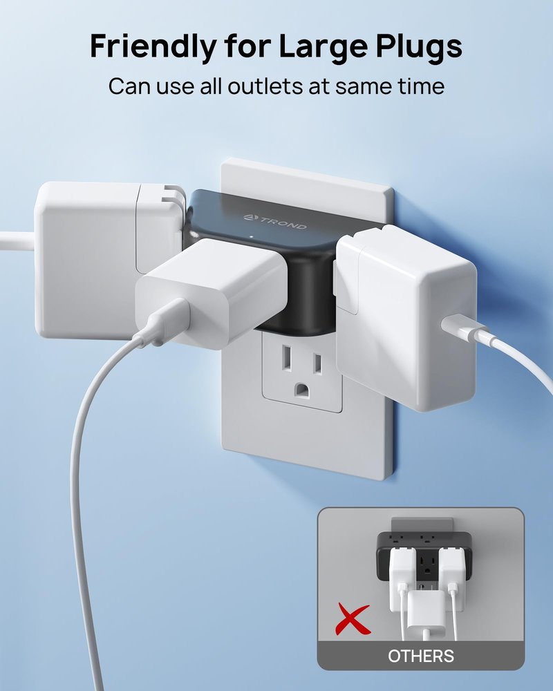 TROND Outlet Extender - 3 Prong Grounded Plug Extension Outlet, 3 Way Angled Wall Plug Splitter, Cruise Ship Essentials, Multiple Expander with 3 Electrical Sockets for Bathroom, Kitchen, Black