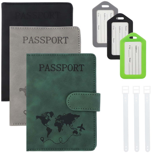 JIABEIUS 3pcs Passport Holder with 3pcs Luggage Tags, Pu Leather Travel Passport Cover, Waterproof Travel Wallet with RFID Blocker for Credit Cards, Cash, Boarding Passes Women Men