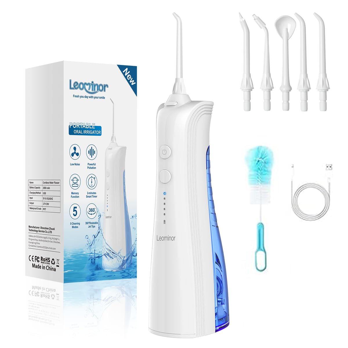 Leominor Water Dental Flosser - 5 Modes Cordless Portable Oral Irrigator, IPX7 Waterproof, Rechargeable Teeth Cleaner Upgrade Datchable Tank Professional Flossing Cleaning Pick for Home Travel (Black)