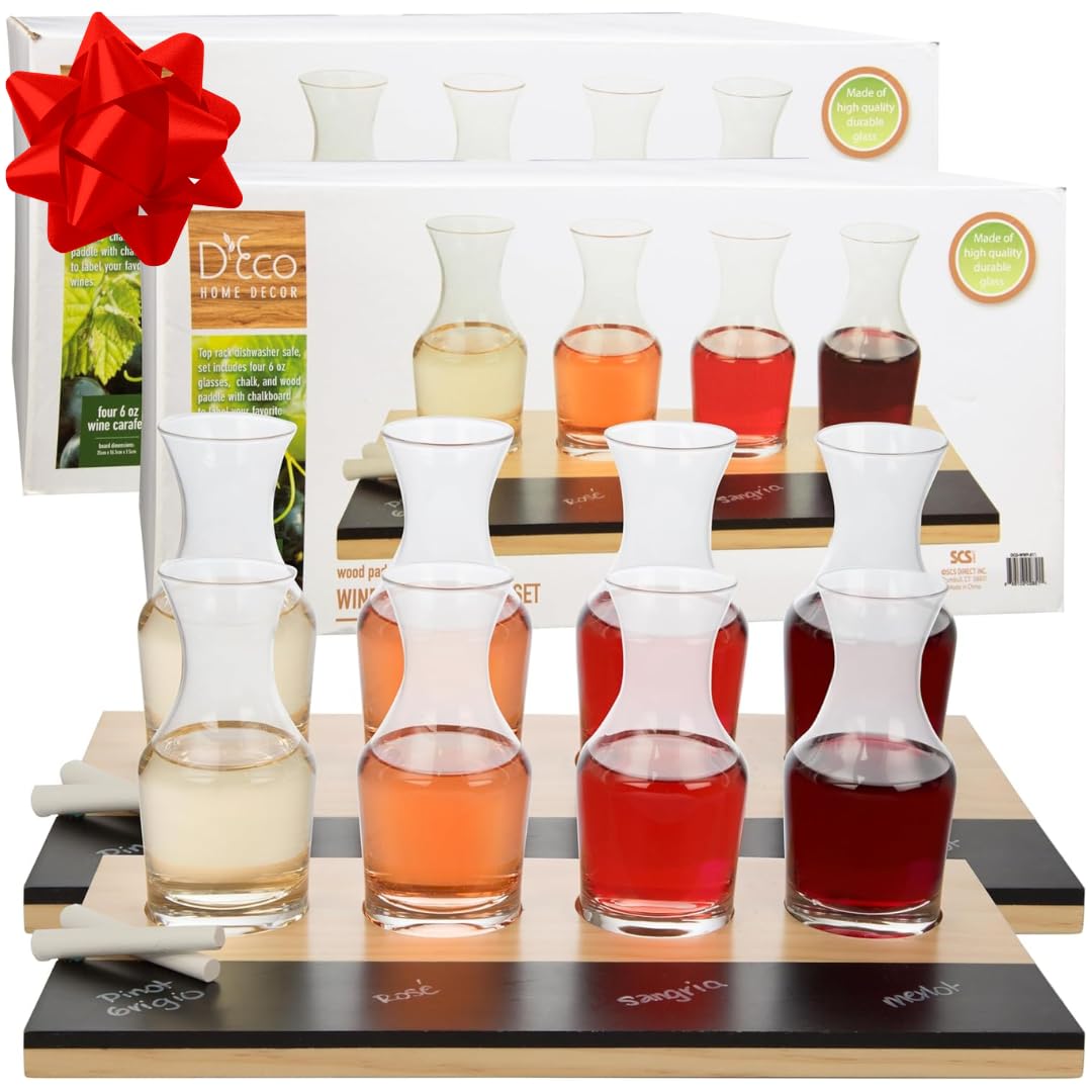 D'Eco Wine Tasting Flight Sampler Boards (2 Pack)- Set Includes Eight 6 oz Decanter Glasses & 2 Wood Paddles w Chalkboards- Great for Charcuterie Boards, Wine Tastings & Brunch - Wedding Gift