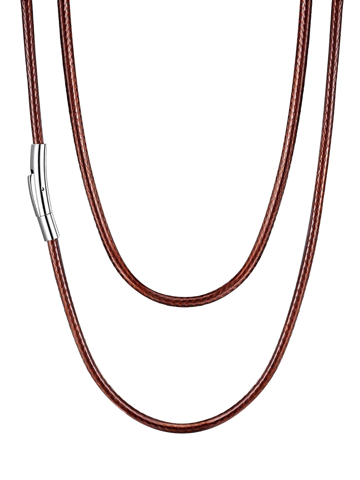 U7 Men Women Braided Leather Cord Necklace with Stainless Steel Snap Clasp 3mm Wide DIY Waterproof Woven Brown Rope Chain 20 Inch