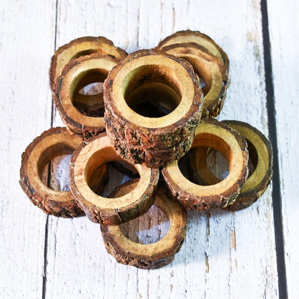 Ajuny Napkin Rings Wooden Set of 12 Handmade 1.5 Inch Decorative Round Shaped Holders with Bark Edge Natural Design for Table Dining Parties Special Occasions Kitchen & Home Decor Gift