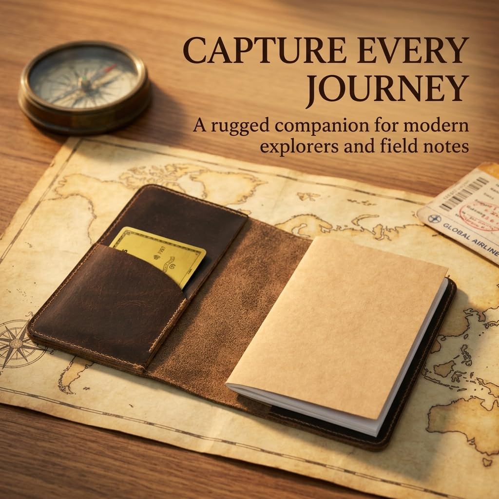 Rustique Leather Field Notes Cover Collection - Refillable Travel Journal & Notebook Organizer with Card Slots - Handmade Full Grain Leather (Curved Pocket Set - Smoky Bourbon)