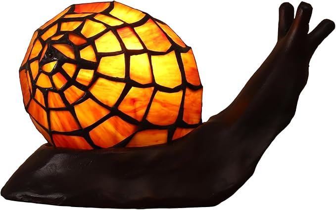 Tiffany Style Red-Brown Snail Accent Table Lamp Handmade Stained Glass Shade Night Light for Kids with 3 Color Temperatures LED Bulb Ideal Gift for Home Decor (8" D x 5" W x 5" H)