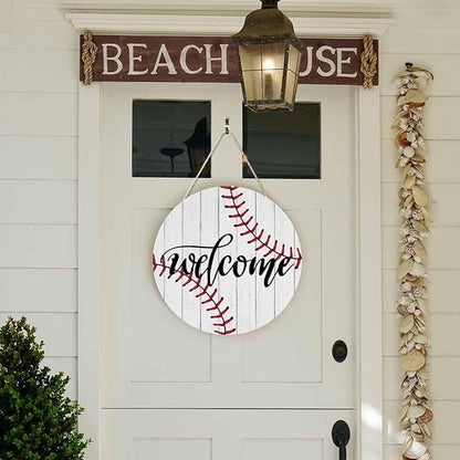 Welcome Sign for Front Door Welcome Baseball Door Sign 12In Wooden Wreath Wall Hanging Sign for Indoor Outdoor Seasonal Decor