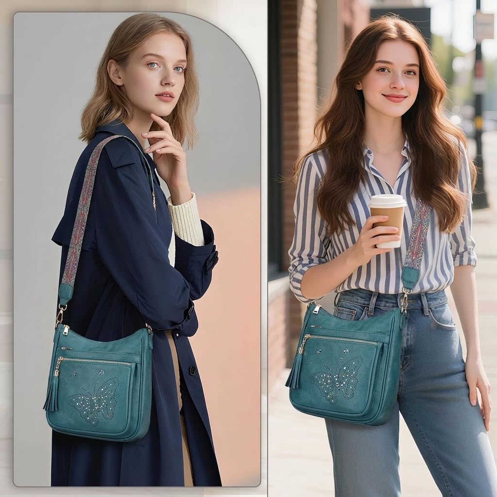 KITEVIUN Medium Crossbody Bags for Women Trendy, Vegan Leather Crossbody Purse Butterfly Design, Women's Shoulder Handbags with Tassel