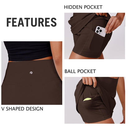 PINSPARK Skorts for Woman Stretchy Tennis Skirts Built-in Shorts Workout Skort Skirts Lightweight Golf Skort Activewear, Espresso Brown XL