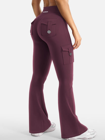 YEOREO CoreFlex Women Workout Flare Leggings with Pockets Hidden Scrunch High Waisted Cargo Gym Yoga Leggings Dark Cherry L