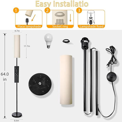 Floor Lamp for Living Room, Lamp with 3 Color Lampshades, Remote Standing Lamp for Bedroom, Office, Room décor(Bulb Included) (White)