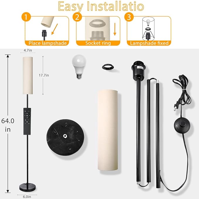Floor Lamp for Living Room, Lamp with 3 Color Lampshades, Remote Standing Lamp for Bedroom, Office, Room décor(Bulb Included) (Linen)
