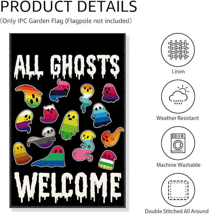 All Ghosts Welcome Garden Flag, Funny Ghost Yard Sign for Outside, LGBT Trans Pride Ally Flag, Spooky Fall Season Lawn Porch Halloween Decoration for Family Friend