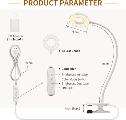 iZELL Reading Light, USB Clamp Lamp for Child Reading Book in Bed at Night, LED Small Desk Lamp with Adjustable Gooseneck Clip on Beside Table for Studying Working Drafting Sewing - 15.8‘’ White