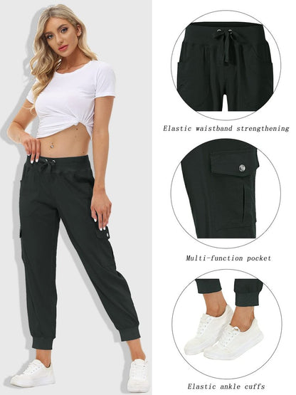 MoFiz Women Cargo Pants with Pockets Lightweight Outdoor Summer Travel Casual Hiking Pants Running Joggers Sweatpants Elastic Waist Dark Grey L
