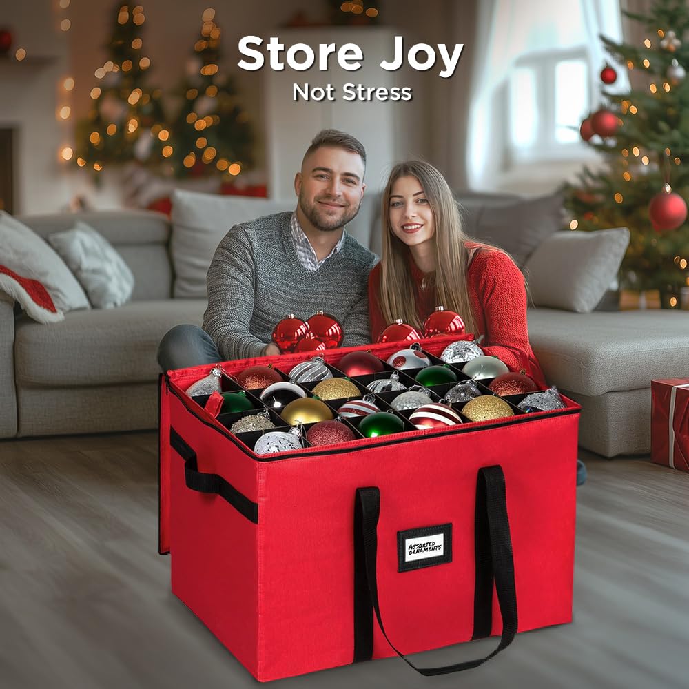 Christmas Ornament Storage Container,Box Stores Up to 96, Adjustable Dividers, Large Organizer Bin to Protect and Store Holiday Décor