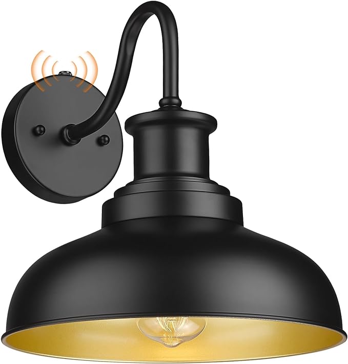 Dusk to Dawn Outdoor Gooseneck Barn Light, Farmhouse Outdoor Wall Sconce, Rustic Exterior Wall Mount Light, Vintage Outside Lighting Fixture Industrial Black Lantern for Porch Garage Shed,1 Pack