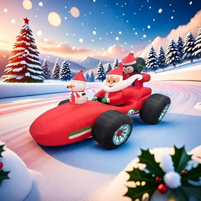 8FT Christmas car Inflatable Old Man, Santa Claus Snowman Penguin Driving Racing car, Built-in LED Lights and Blower, Christmas Inflatable Outdoor Decoration Lawn Patio Christmas Outdoor Decoration.