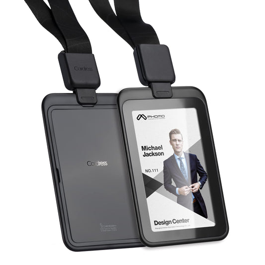 Phomo Self Retractable ID Badge Holders with Carabiner Reel Clip and Badge Lanyard, Heavy-Duty ID Card Holder for Neck, Vertical Style Transparent Hard Accessories Clear, (Holds 1to 2 Cards) (Black)