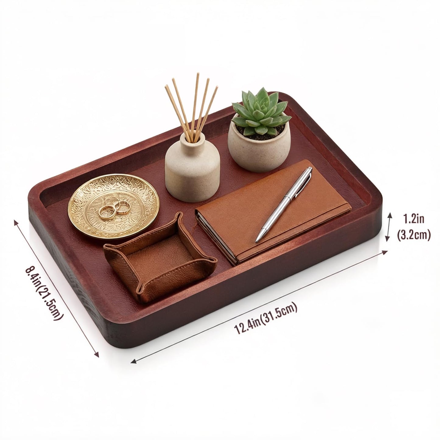 Wooden Valet Tray,Brown Wooden Catch All Tray with Leather Inlay Organizer ，Nightstand, Entryway Bedside Dump Holder, for Keys, Watches, Phones, Wallets Jewelry and More(H=1.2IN)