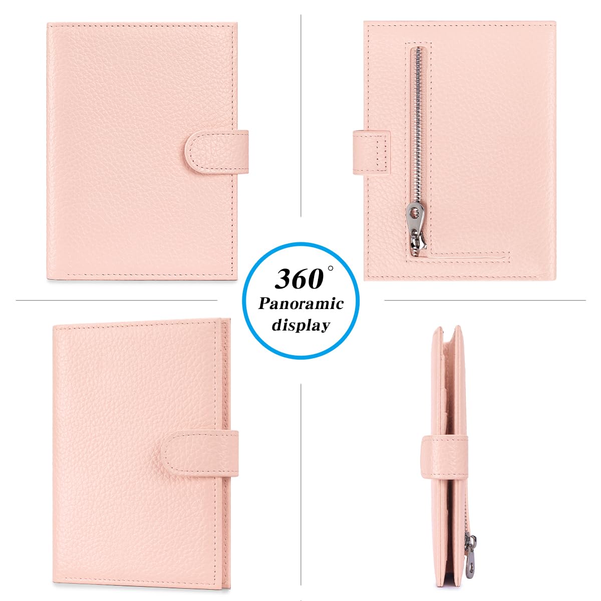 FREYAMIRA Passport Holder for Travel Women RFID Blocking Genuine Leather Passport Wallet with Card Slots, Zipper Coins Pocket, Cash Holder, Pink