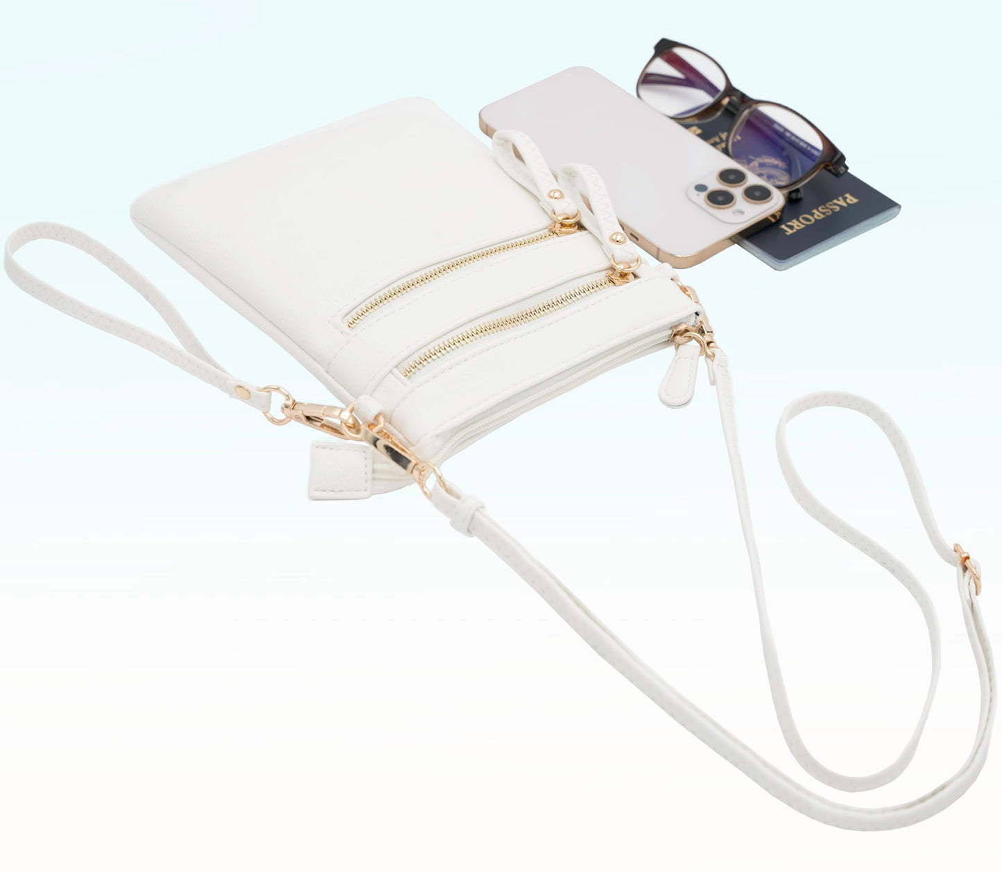 Solene Women's Faux Leather Organizer Multi Zipper Pockets Handbag With Detachable Wristlet Crossbody Bag-WU002(White)