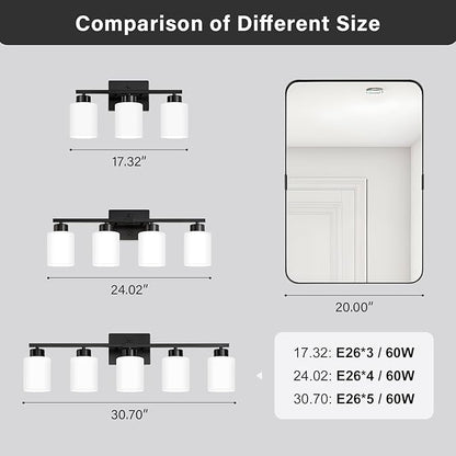 Black Bathroom Light Fixtures, 3-Light Modern Vanity Light Over Mirror, Wall Sconces with Milky White Frosted Glass Shades, E26 Socket (Bulbs Not Included)