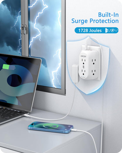 LENCENT 2 Prong Power Strip, 3 to 2 Prong Grounding Outlet Adapter 6 Outlet 1 Type C&2 USB 3.4A, Polarized Plug, 1728J Surge Protector, 3-Sided Wide Spaced Extender,Wall Mount for Non-Grounded Outlet