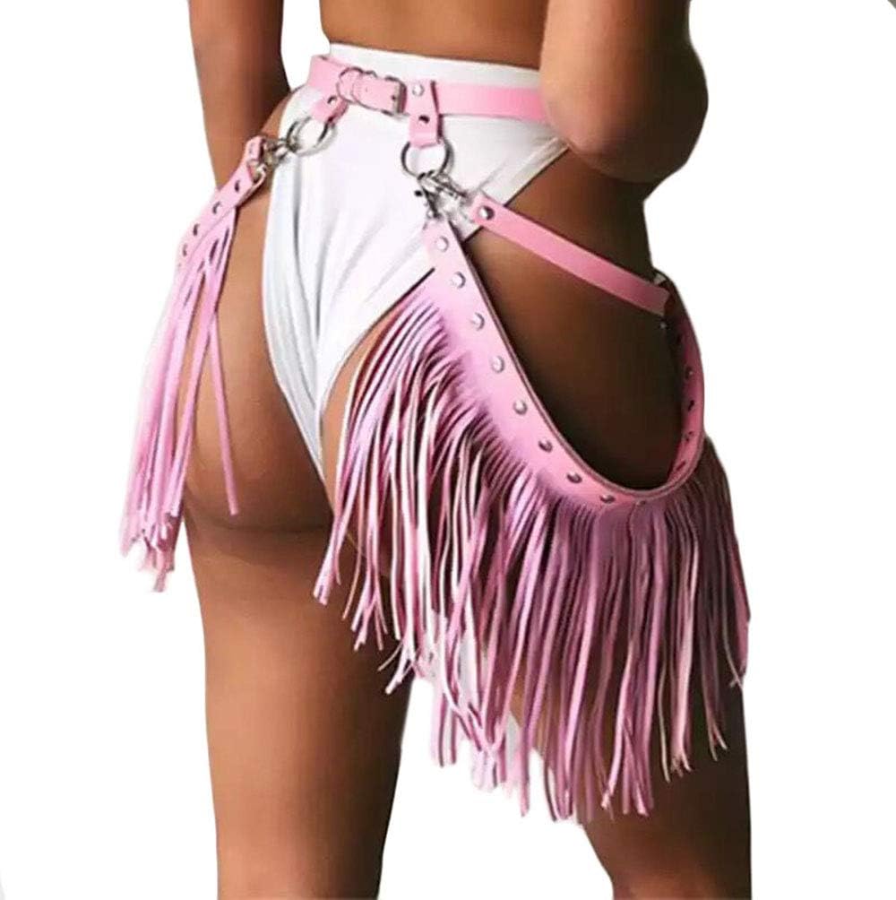 Sexy Leather Waist Belt Tassel Punk Harness Vintage PU Leather Waistband Belt Rocker Dance Performance Costume (Pink)