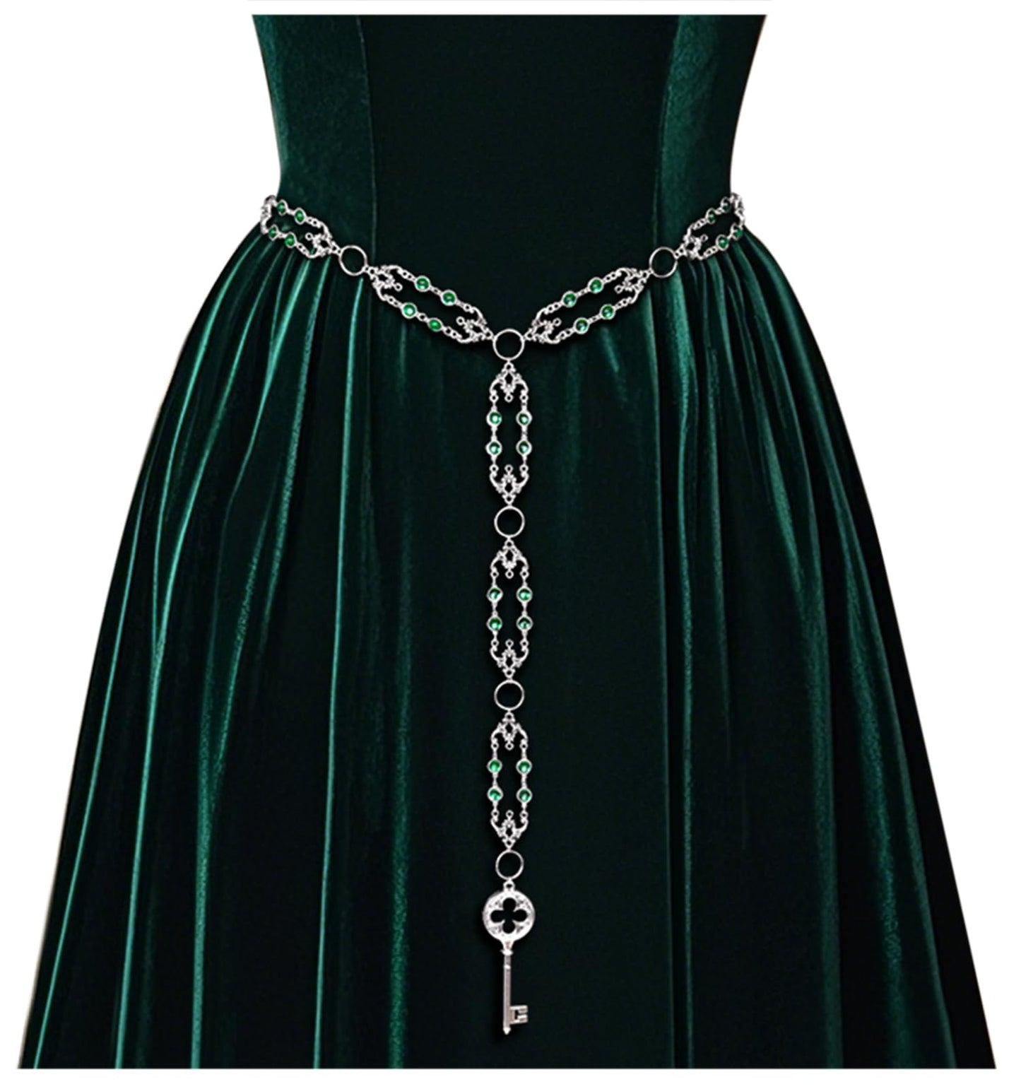 L'VOW Women Renaissance Belt Viking Witch Belt Green Waist Metal Chain Belt for Medieval Dresses
