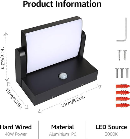 40W Motion Sensor Outdoor Wall Lights, 3000K Black LED Light Fixture, IP65 Waterproof Exterior Porch Light, 360 ° Adjustable Head Flood Wall Lighting for House