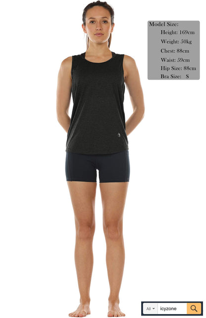 icyzone Workout Tank Tops for Women - Open Back Strappy Athletic Tanks, Yoga Tops, Gym Shirts(Pack of 2) (L, Black/Denim)