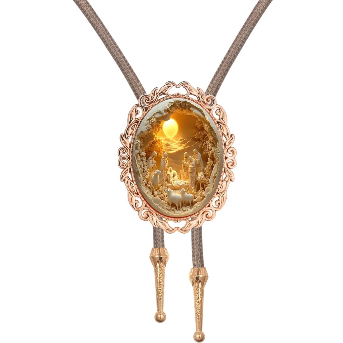 PEARLY JUN Bolo Tie for Women Men Flower Rose Western Cowboy Brown Leather Country Style String Vest Gifts (Gold - Saintly Baptism)