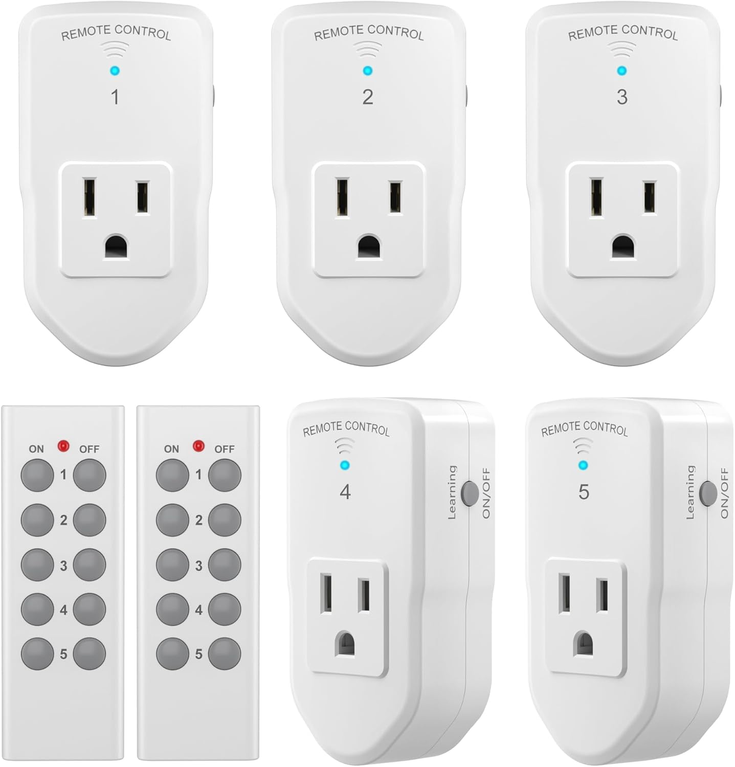 BN-LINK Wireless Remote Control Electrical Outlet Switch for Lights, Fans, Christmas Lights, Small Appliance, Long Range White (Learning Code, 5Rx-2Tx) 1200W/10A