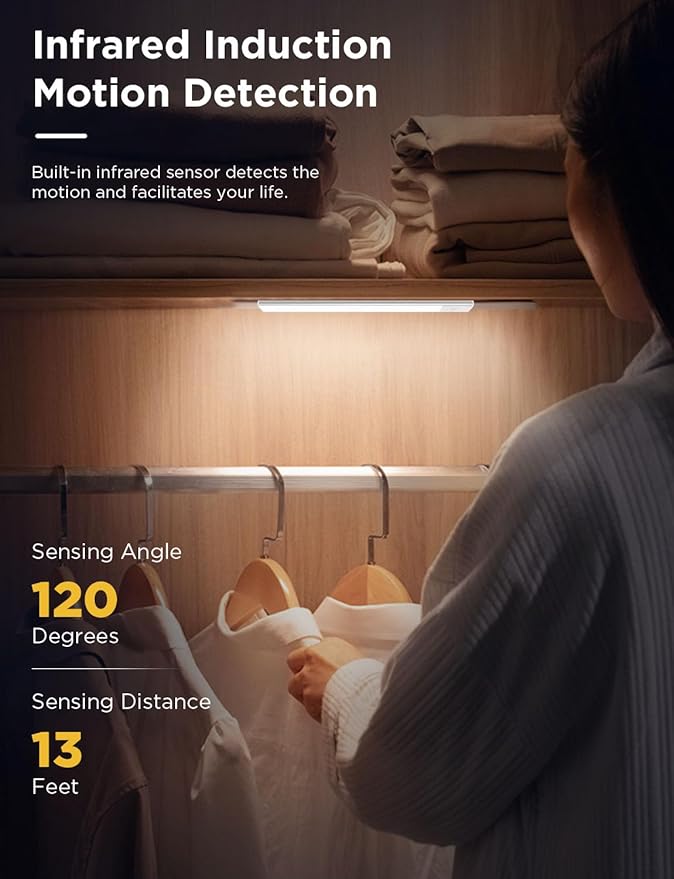 Diomart Under Cabinet Lights Wireless, 30-LED Motion Sensor LED Closet Light Rechargeable, Motion Sensor Light Indoor Stick on Under Counter Lights for Kitchen, Stairs, 4 Pack