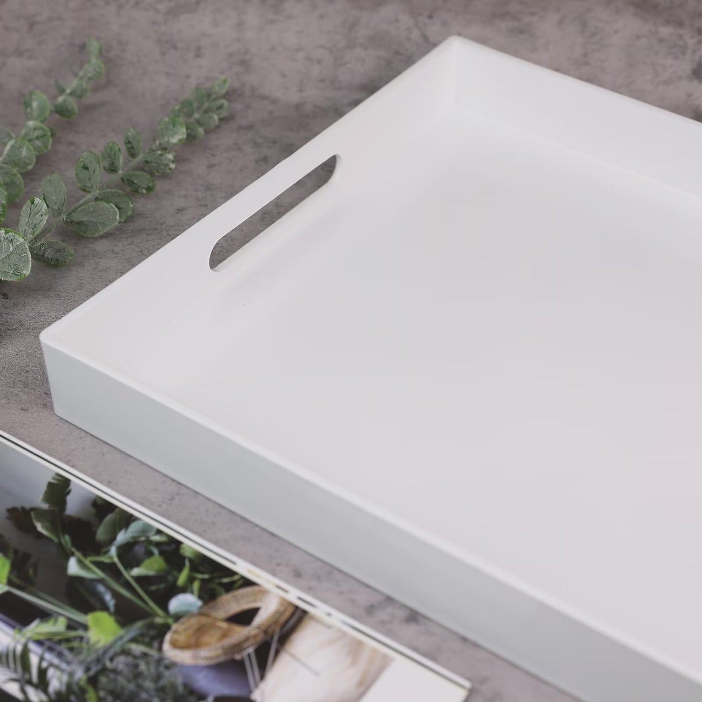 SforGUVA White Serving Tray for Coffee Table, Rectangular Plastic Decorative Tray with Handles for Entertaining, Outdoor Patio, Living Room, Ottoman, Bathroom Counter, 11.8”*15.7”*1.6”