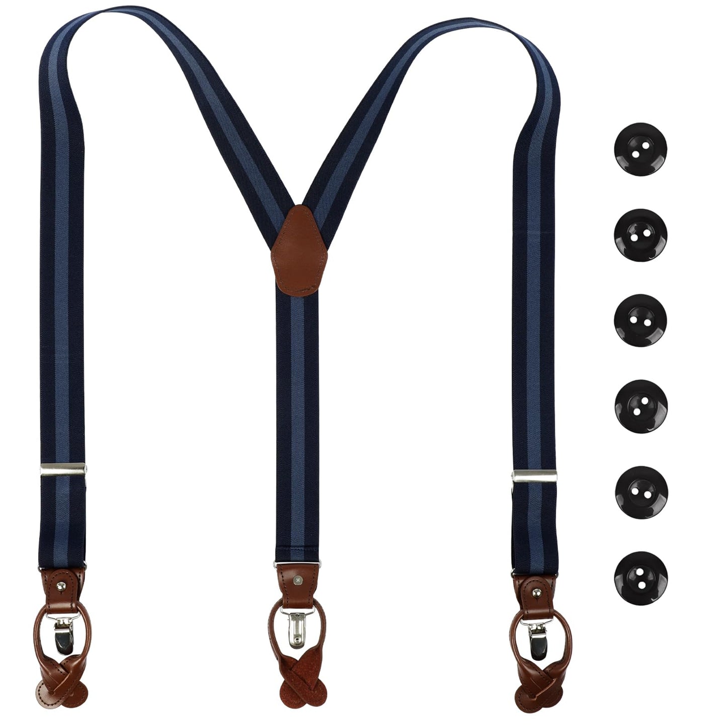 LEHOMU Men Suspenders Adjustable,1.4 Inch Wide Heavy Duty Y-Back Elastic Tuxedo Elastic Mens Suspenders with Leather Buttons and 3 Metal Clips,Black and Blue Stripe