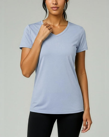 Real Essentials 5 Pack: Women's Dry-Fit Short Sleeve V Neck T Shirt Workout Fitness Yoga Top Tee, Set 16, S