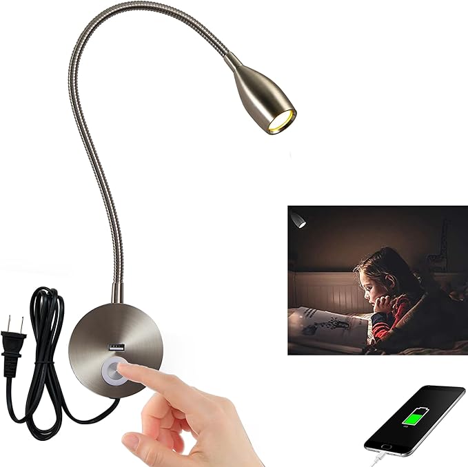Dimmable Reading Light Plug in Wall Mounted Bedside Headboard Reading Light Task Directional Gooseneck LED Light 3W Output (Brushed Nickel, 120V Plug in, Warm White)