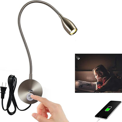 Dimmable Reading Light Plug in Wall Mounted Bedside Headboard Reading Light Task Directional Gooseneck LED Light 3W Output (Brushed Nickel, 120V Plug in, Warm White)