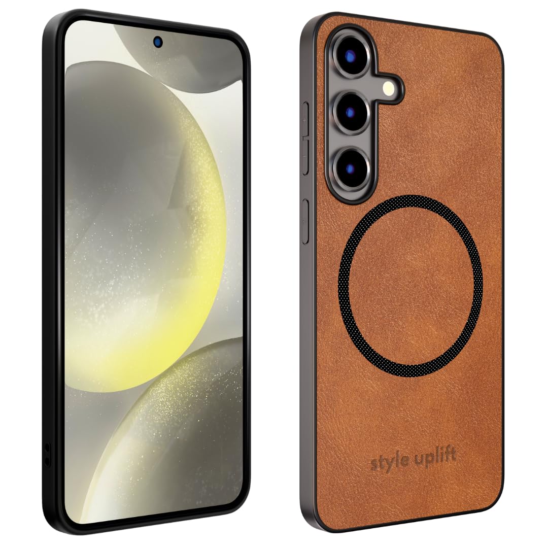 Style Uplift SU - Samsung S24 Magnetic Vegan Leather Case - SU.Shield Slim & Protective Design, Compatible with MagSafe, Wireless Charging - Tan Brown Case, Phone Case for Samsung S24 (6.2")