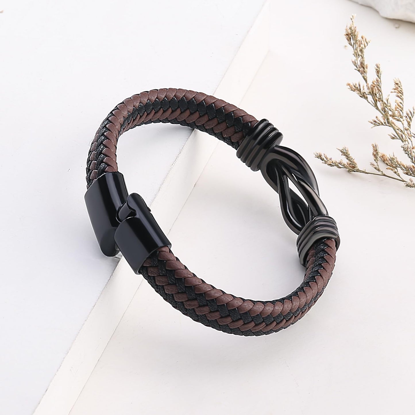 QWNHONEY Gifts for Son from Mom Infinity Knot Leather Birthday Christmas Anniversary Mens Brown Braided Cuff Bracelet 8.5 Inches
