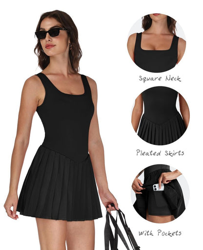 NIASHOT Summer Black Dresses for Women 2026 Athletic Dress with Shorts Sundresses Spring Tennis Dress Mini Graduation Pleated Rompers Pilates Outfits Fitness Fashion Clothing M