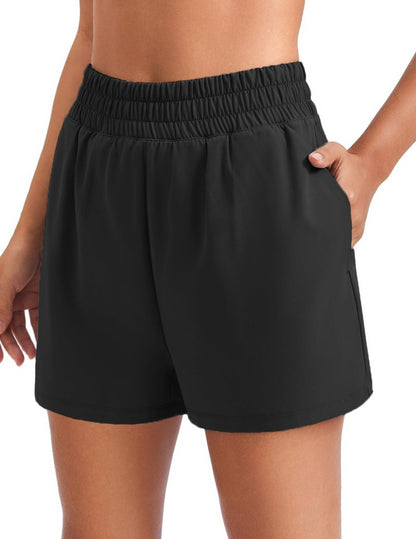 PINSPARK Women's Workout Shorts with 4 Pockets 2 in 1 Running Shorts High Waisted Athletic Shorts 3" Quick Dry Gym Training Shorts Black M