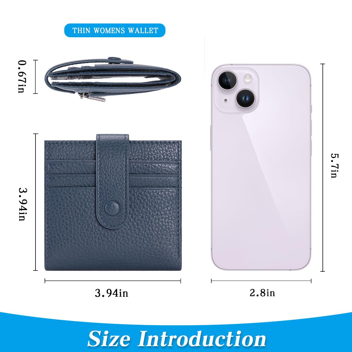 FREYAMIRA Small Wallet For Women Slim Leather Bifold Wallets RFID Credit Card Holder With Zipper Coin Pouch ID Window,Navy Blue