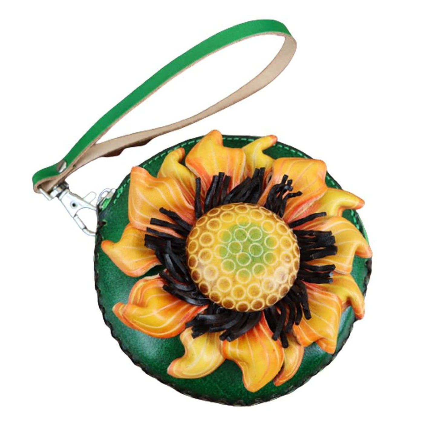 Fanyixuan Handmade Vegetable Tanned Cowhide Sunflower Coin Purse Key Coin Card Lipstick Headphone Storage Clutch Mini Flower Round Bag