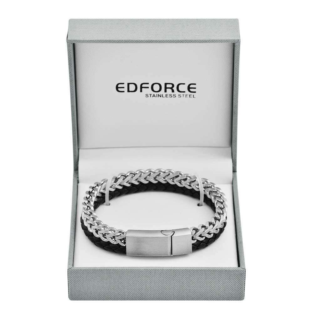 Edforce Stainless Steel Men's Two-Strand Braided Genuine Leather and Franco Curb Chain Bracelet (Silver)