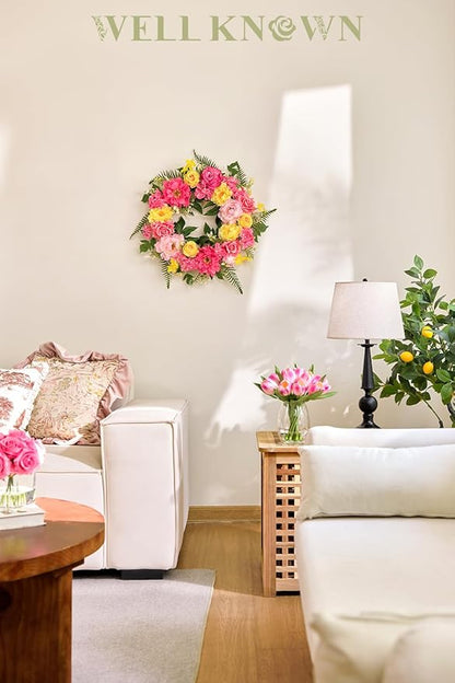 Wreaths for Front Door, WELL KNOWN Spring Summer Seasonal Hot Pink & Yellow Flowers Wreath for Front Door, Artificial Silk Peony Flower Wreath for Wall Hanging, Home Office Wedding Party Decor