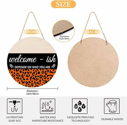 Welcome Sign for Front Door Decor Wreath Orange Leopard Print 12inch Decor Wood Hanging Door Sign for Home Outdoor Indoor