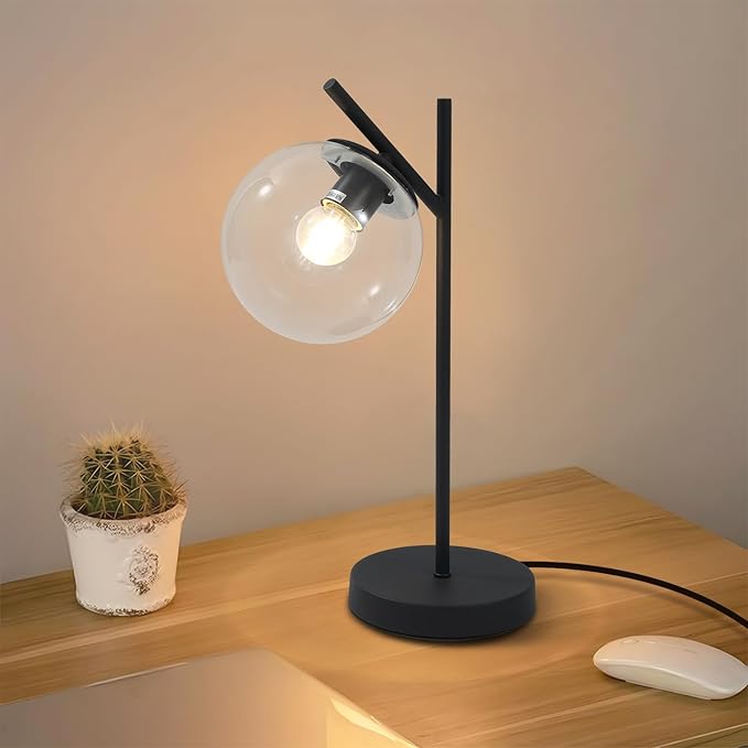 Mid Century Table Lamp Vintage Bedroom Desk Lamp Black Nightstand Lamp Contemporary Clear Glass Globe Bedside Lamp for Office Study Room