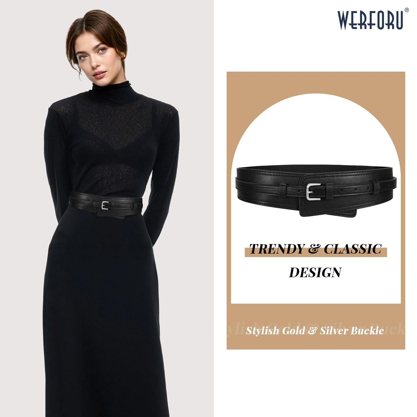 WERFORU Women Wide Waist Belts for Dress Women Fashion Wide Leather Belt 2-in-1 Waistband with Thin Belts for Dress, B-Black-silver buckle, Fit Waist Size 39"-44"