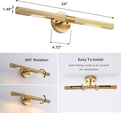 Brushed Brass Picture Light 24 inches Modern Gold Wall Sconce with Knurled Texture Cylinder Metal Shades Rotatable 360°Indoor Wall Lighting Fixture Bathroom Vanity Light Bedroom Living Room